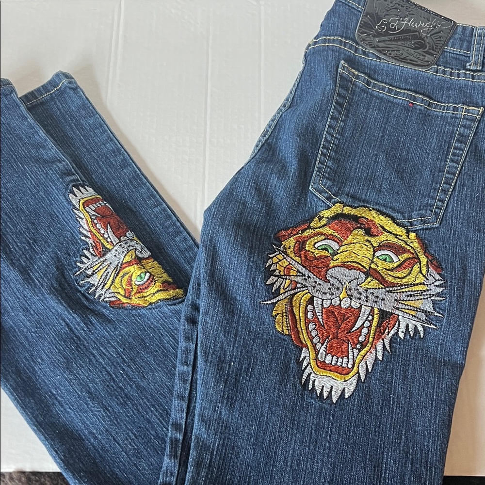 Ed Hardy x Christina Aguilera Tiger Embroidered Jeans Y2K Vintage Denim SZ 11/12